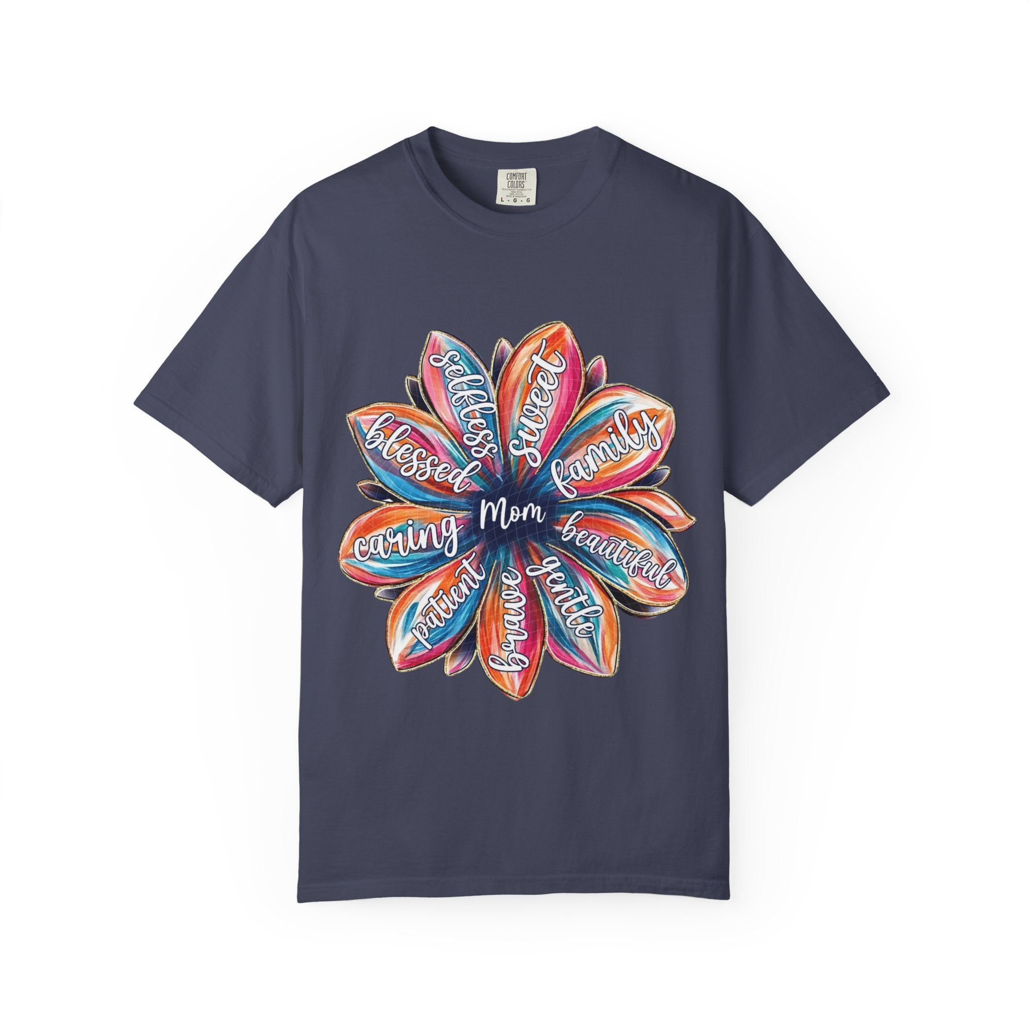 Mom Floral Word Art T-Shirt — "Mom" Surrounded by Caring, Blessed, Strong Petals | Mother’s Day Gift