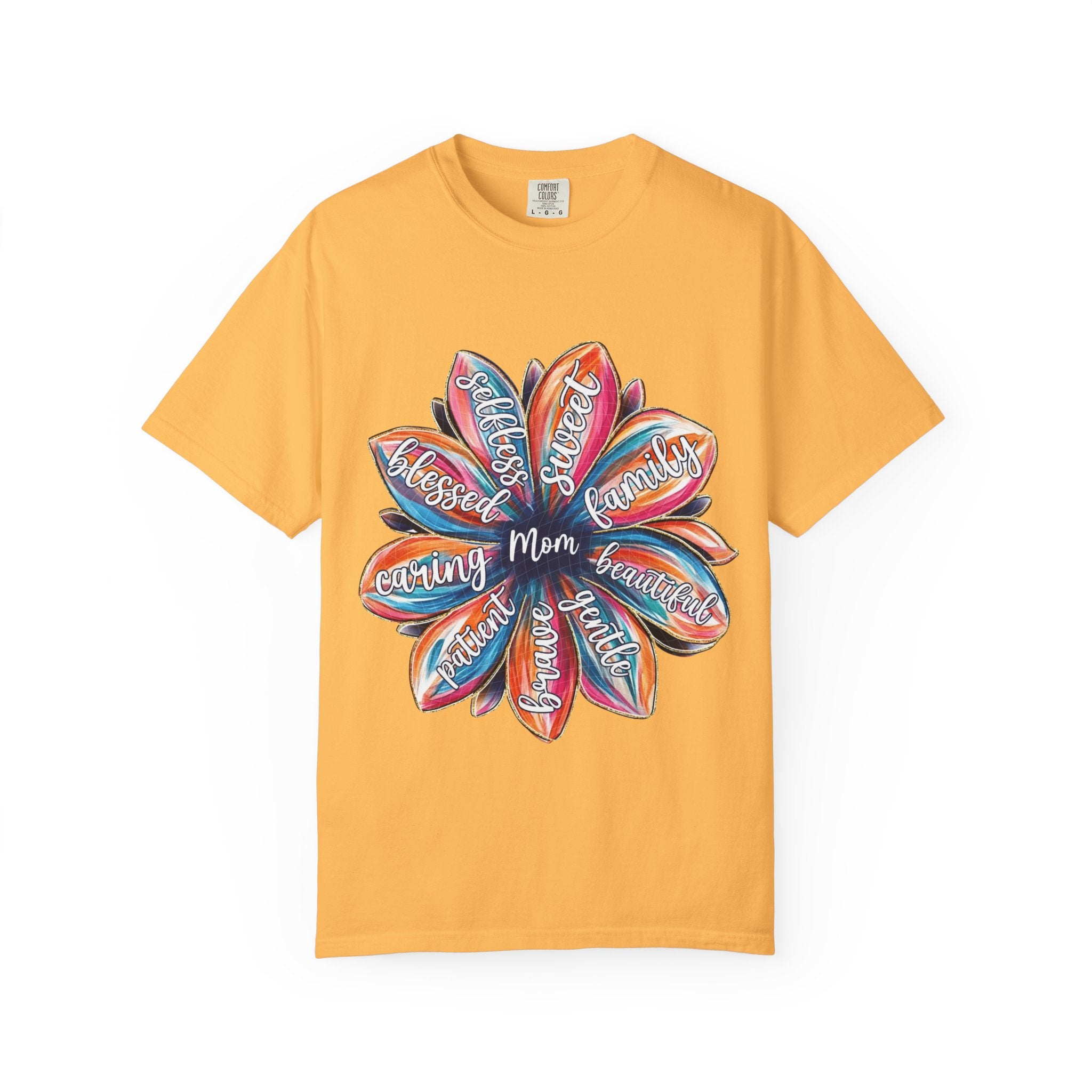 Mom Floral Word Art T-Shirt — "Mom" Surrounded by Caring, Blessed, Strong Petals | Mother’s Day Gift