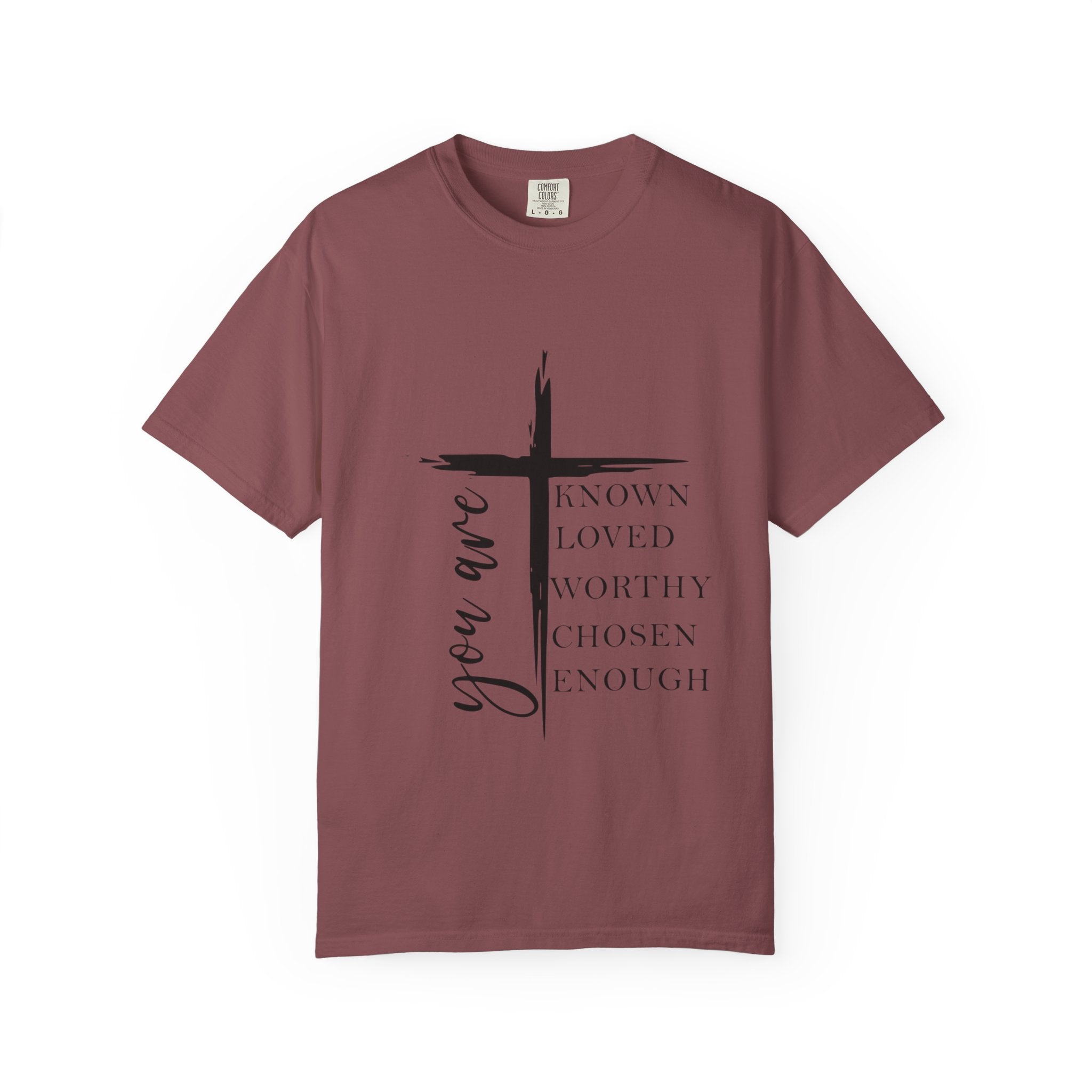 Faith Cross T-Shirt — "You Are" Inspirational Christian Tee (Known, Loved, Worthy, Chosen, Enough)