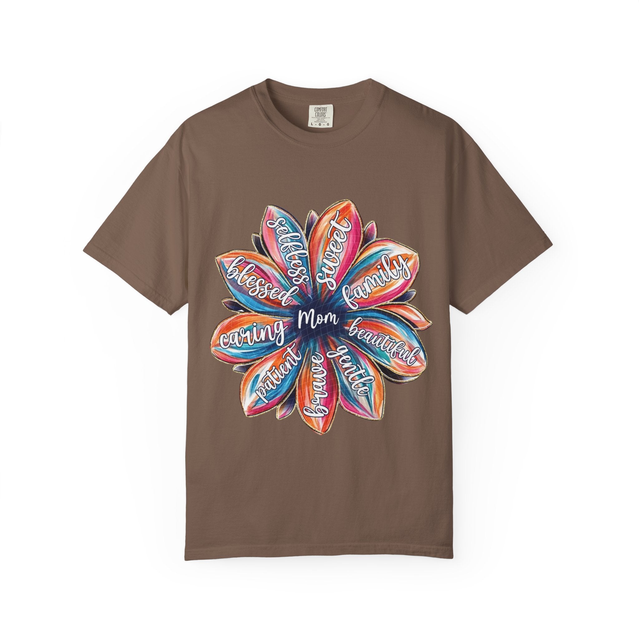 Mom Floral Word Art T-Shirt — "Mom" Surrounded by Caring, Blessed, Strong Petals | Mother’s Day Gift