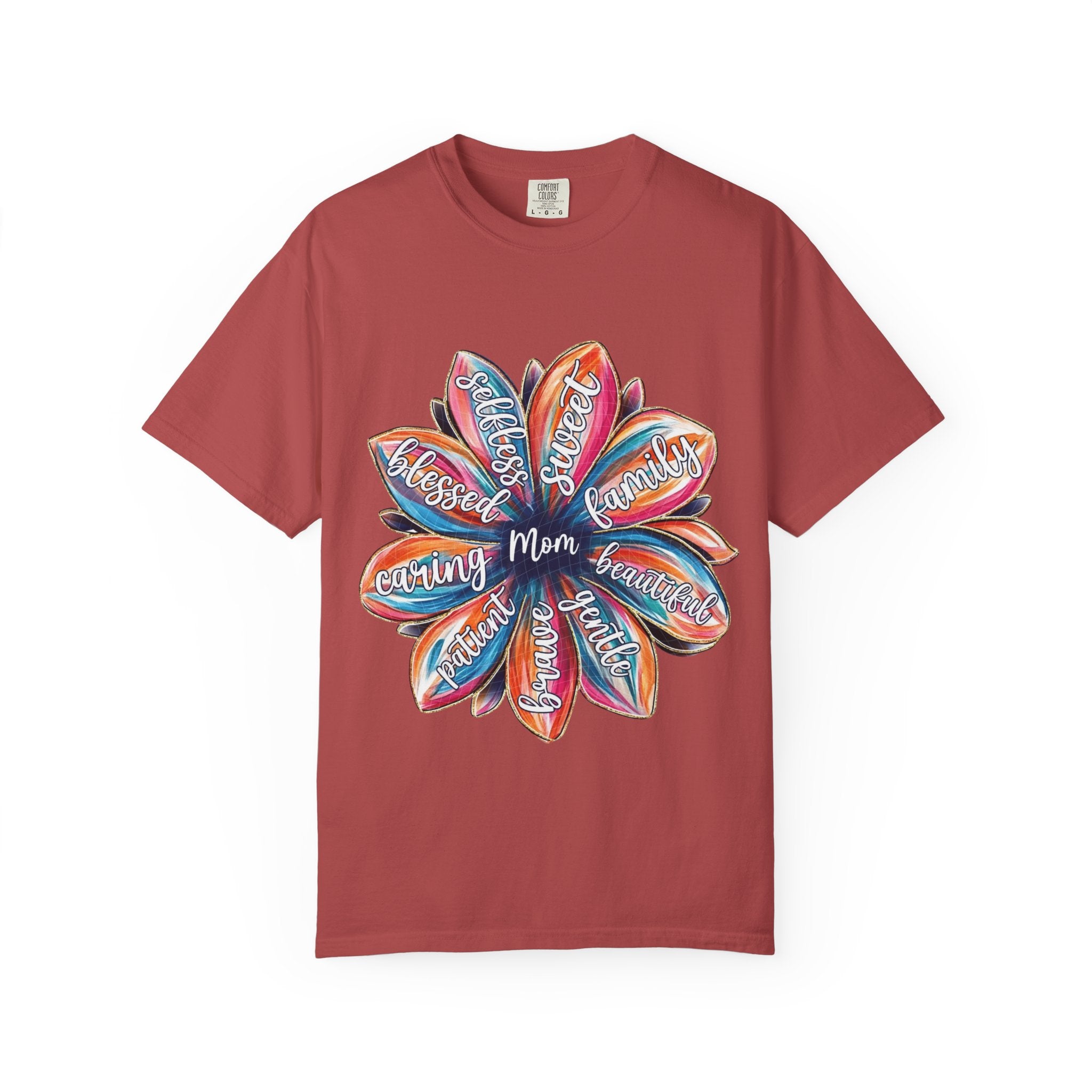 Mom Floral Word Art T-Shirt — "Mom" Surrounded by Caring, Blessed, Strong Petals | Mother’s Day Gift