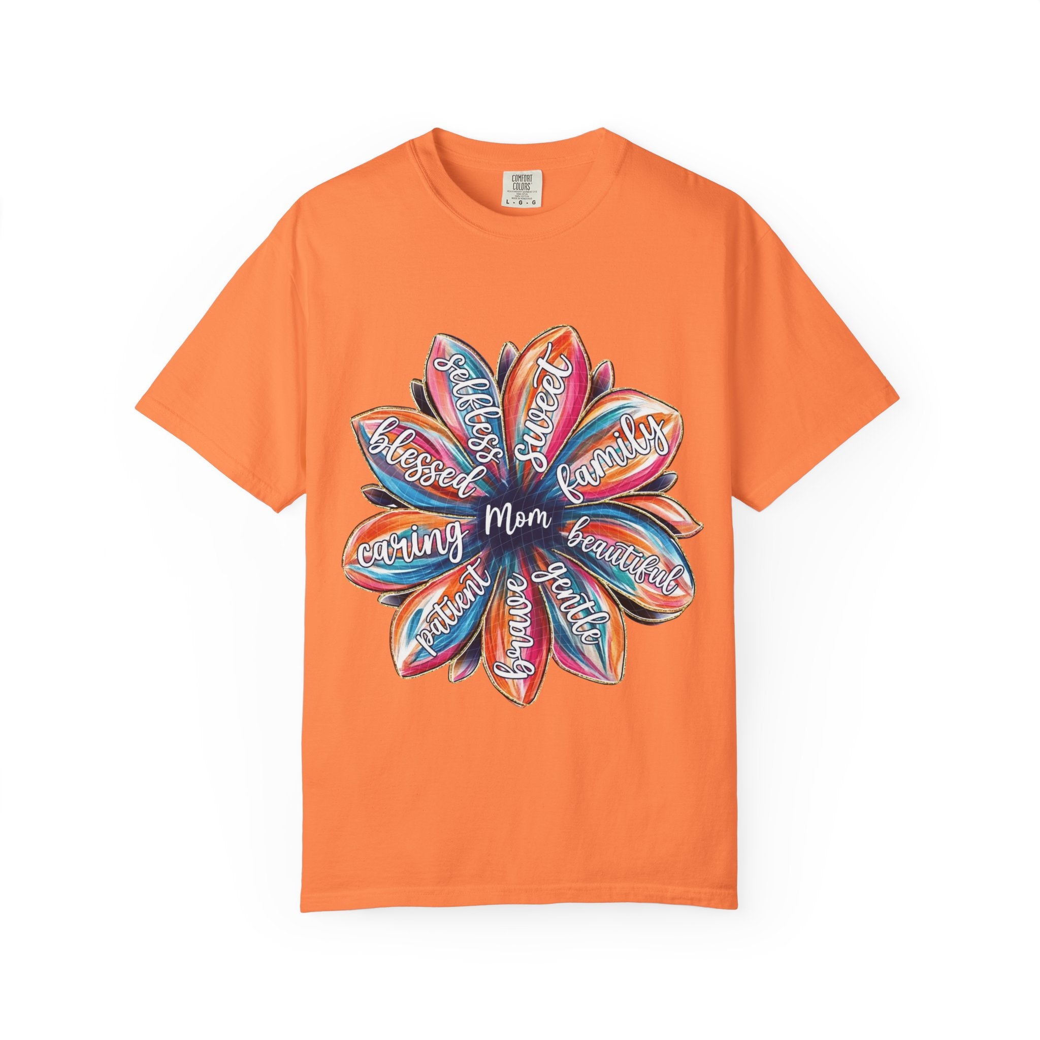 Mom Floral Word Art T-Shirt — "Mom" Surrounded by Caring, Blessed, Strong Petals | Mother’s Day Gift