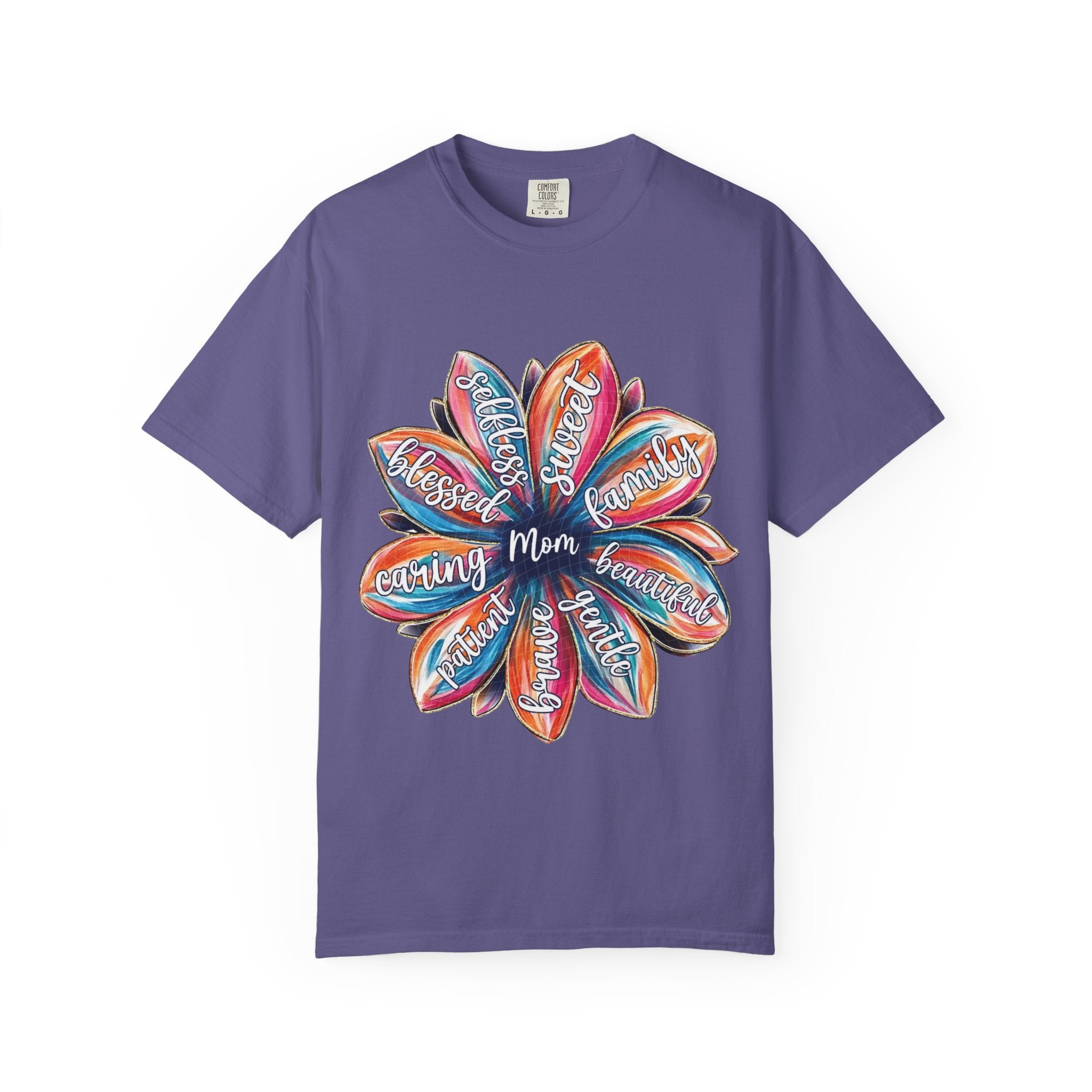 Mom Floral Word Art T-Shirt — "Mom" Surrounded by Caring, Blessed, Strong Petals | Mother’s Day Gift