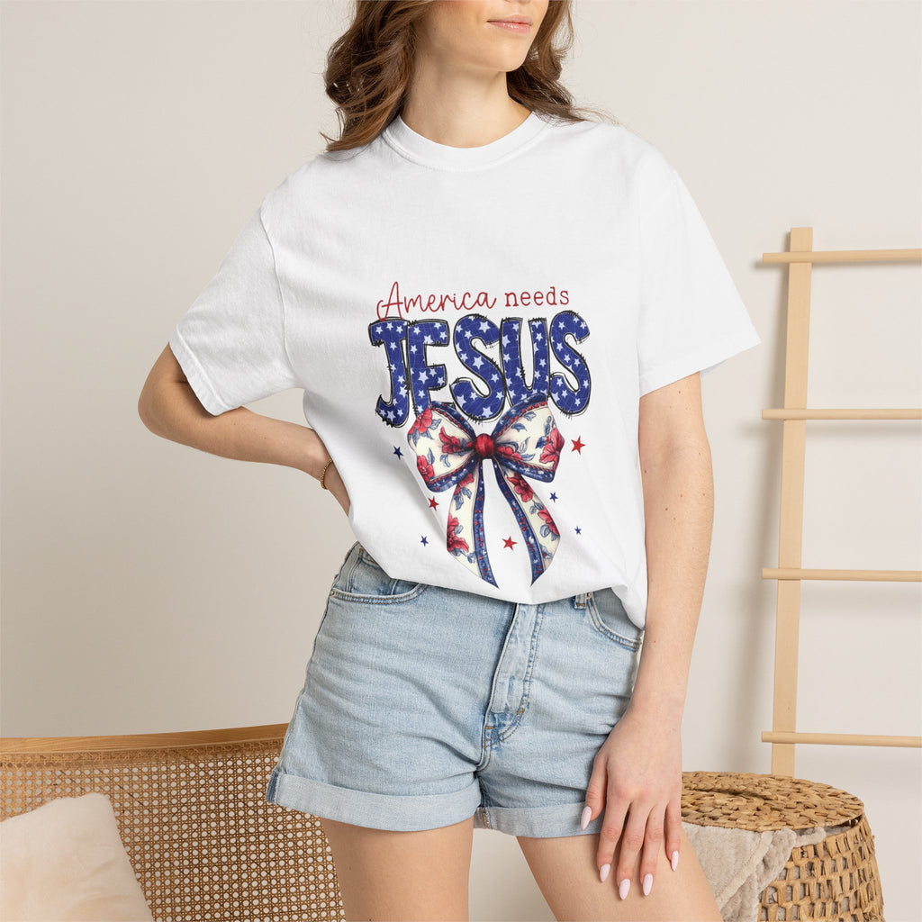America Needs Jesus Patriotic T-Shirt — Stars & Stripes Bow Christian Tee