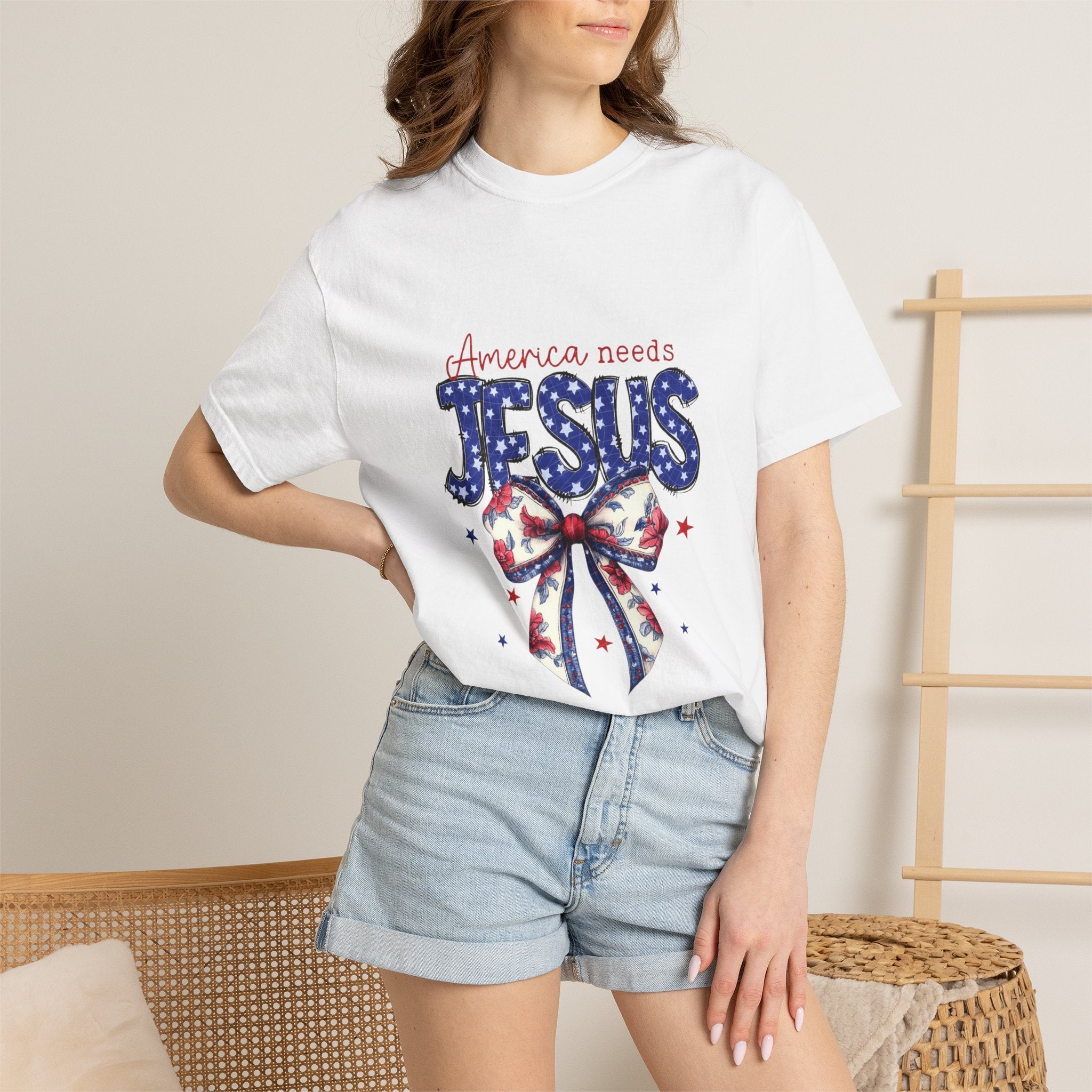 America Needs Jesus Patriotic T-Shirt — Stars & Stripes Bow Christian Tee
