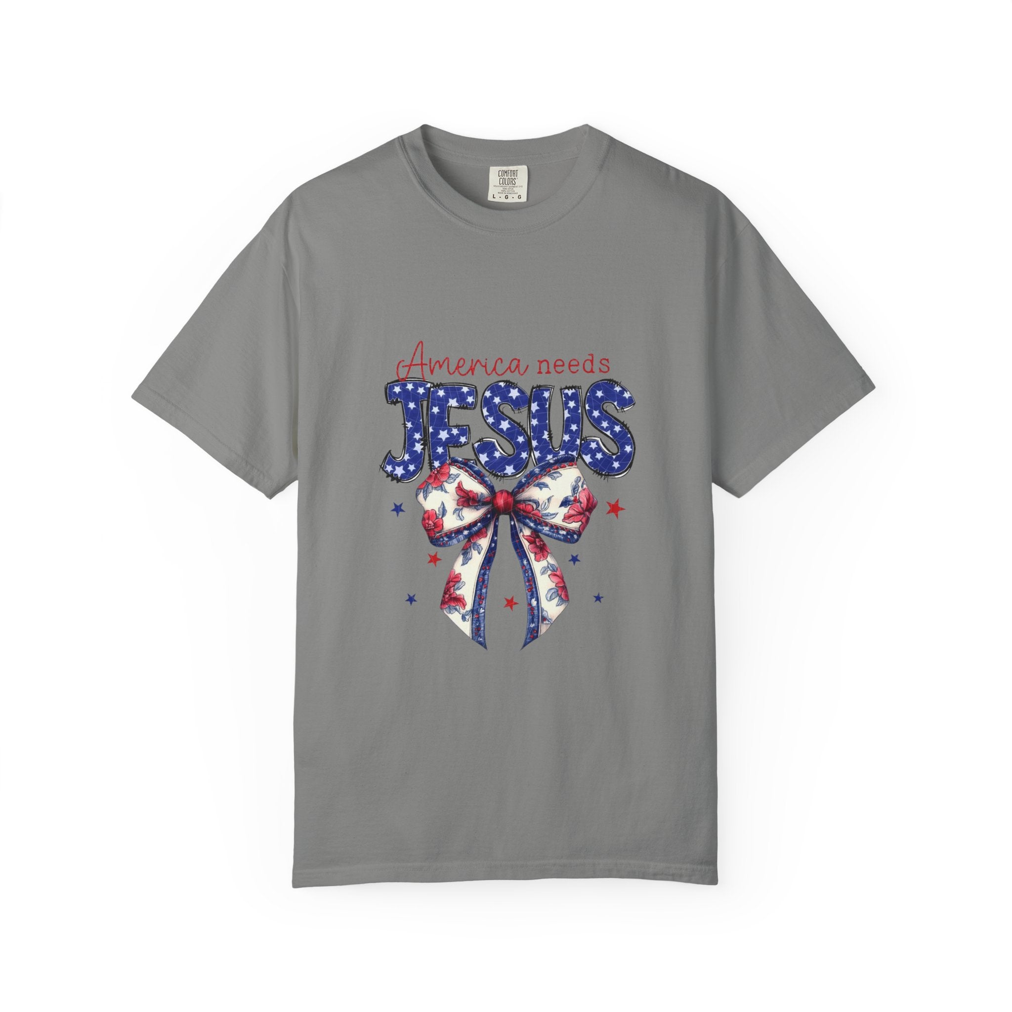 America Needs Jesus Patriotic T-Shirt — Stars & Stripes Bow Christian Tee