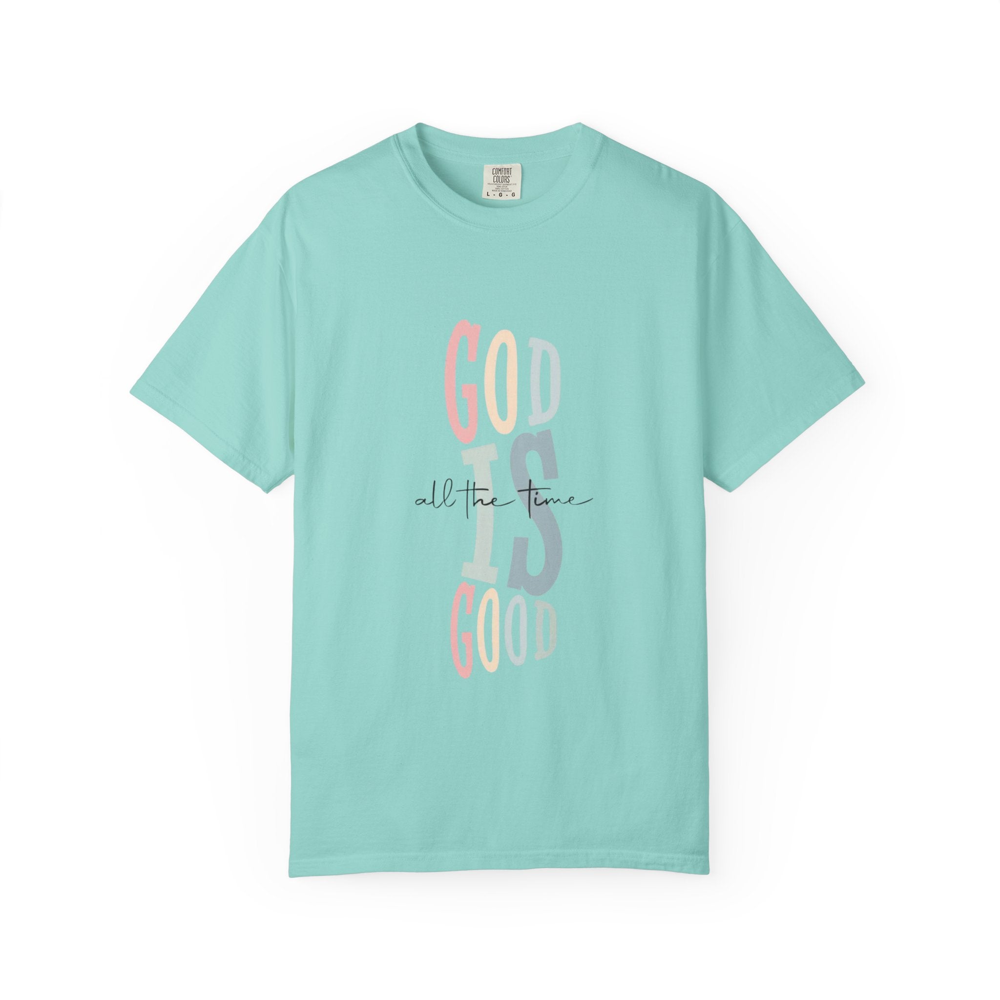 God Is Good T-Shirt — Faith-Inspired Christian Tee (Vertical Pastel Lettering)