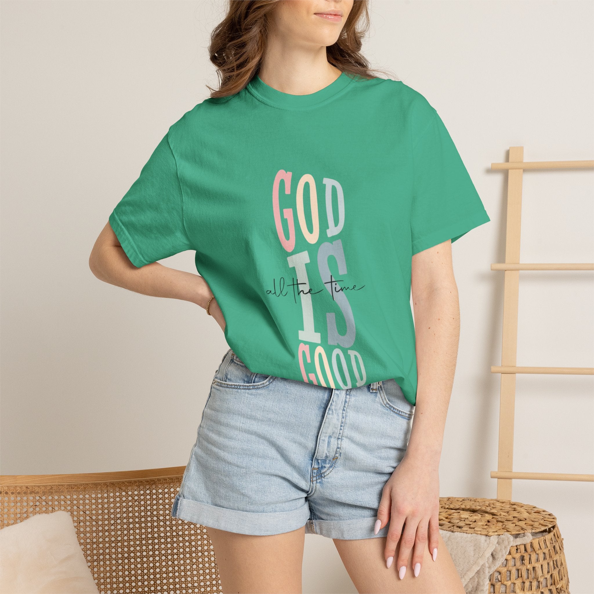 God Is Good T-Shirt — Faith-Inspired Christian Tee (Vertical Pastel Lettering)