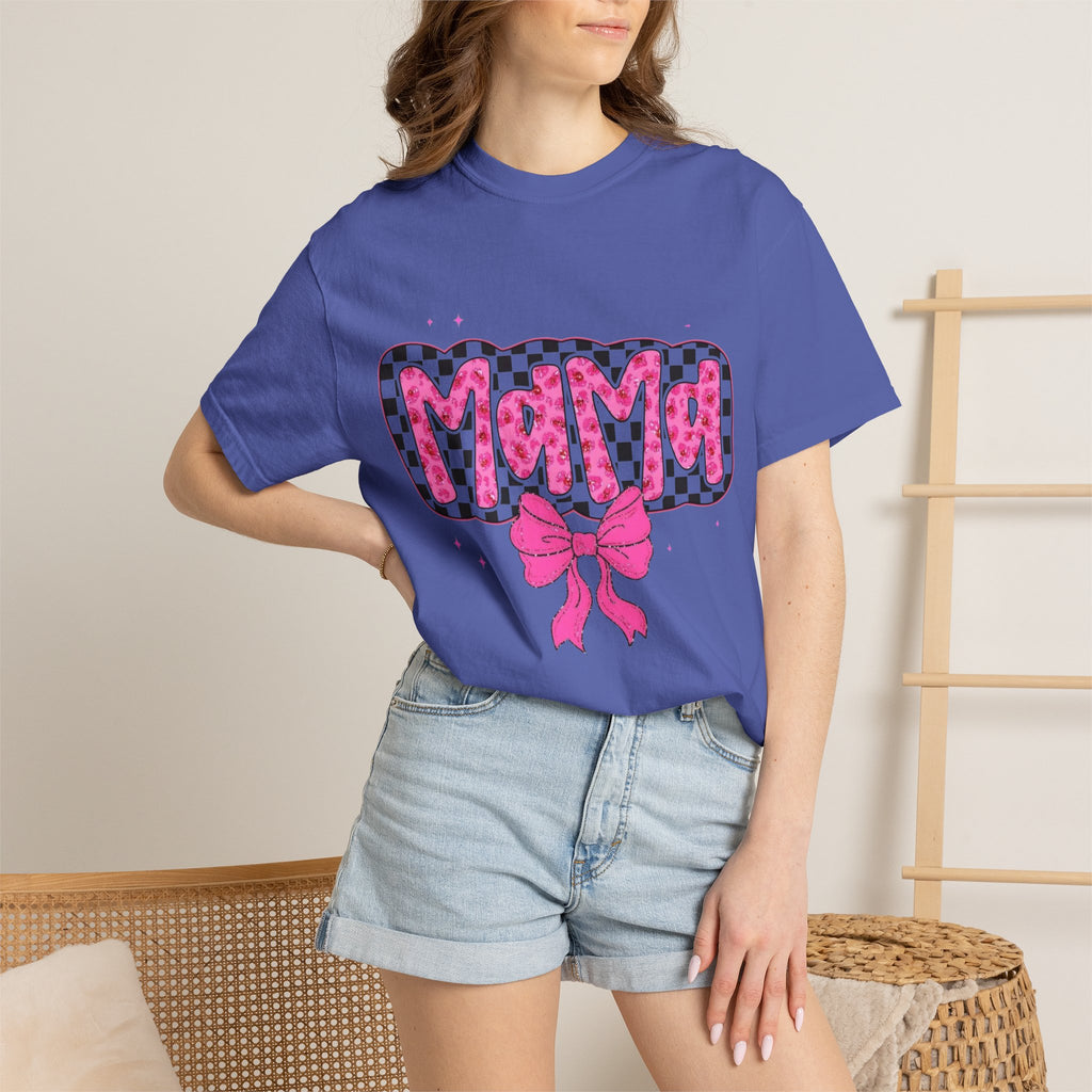 Mama Leopard Check Pink Bow T-Shirt