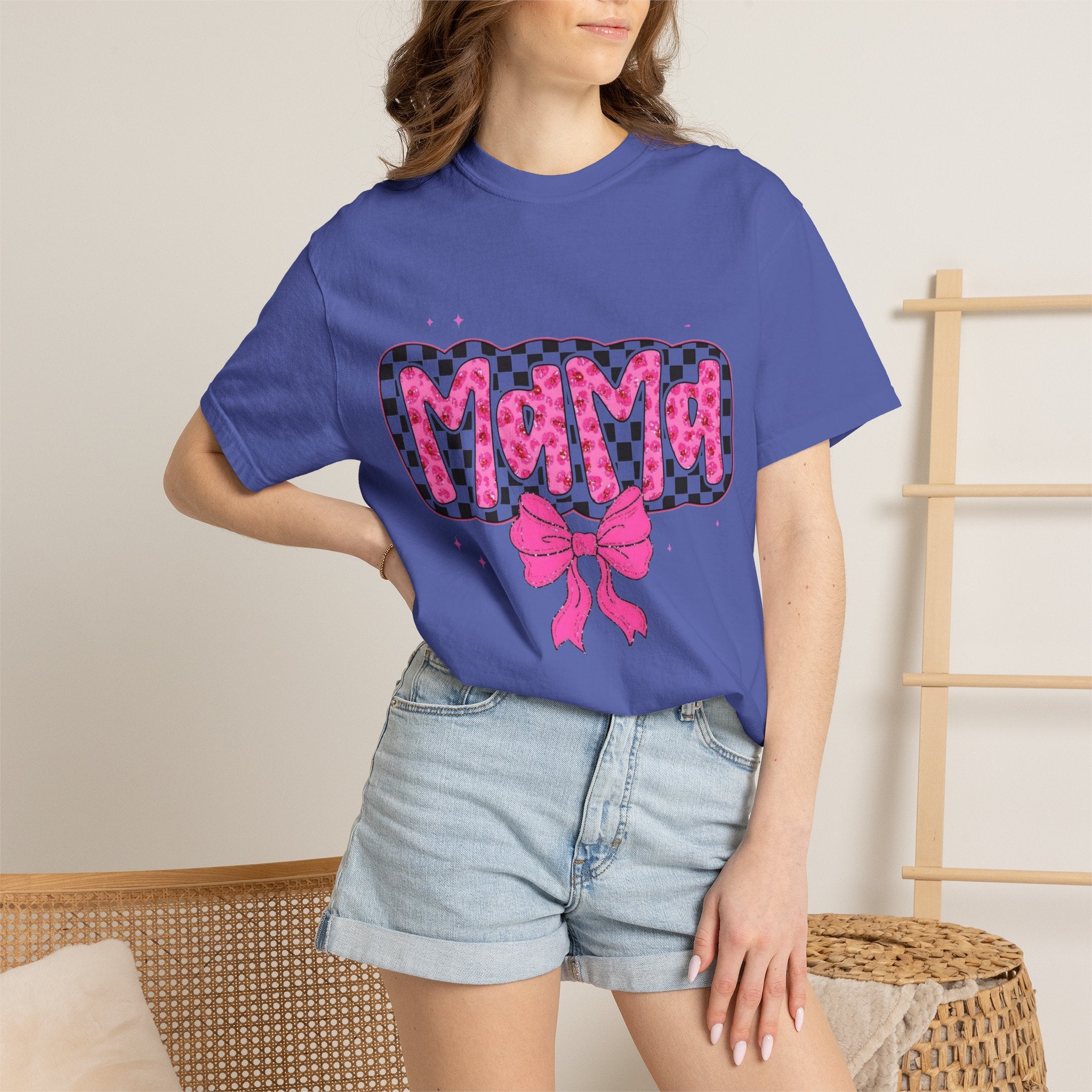 Mama Leopard Check Pink Bow T-Shirt