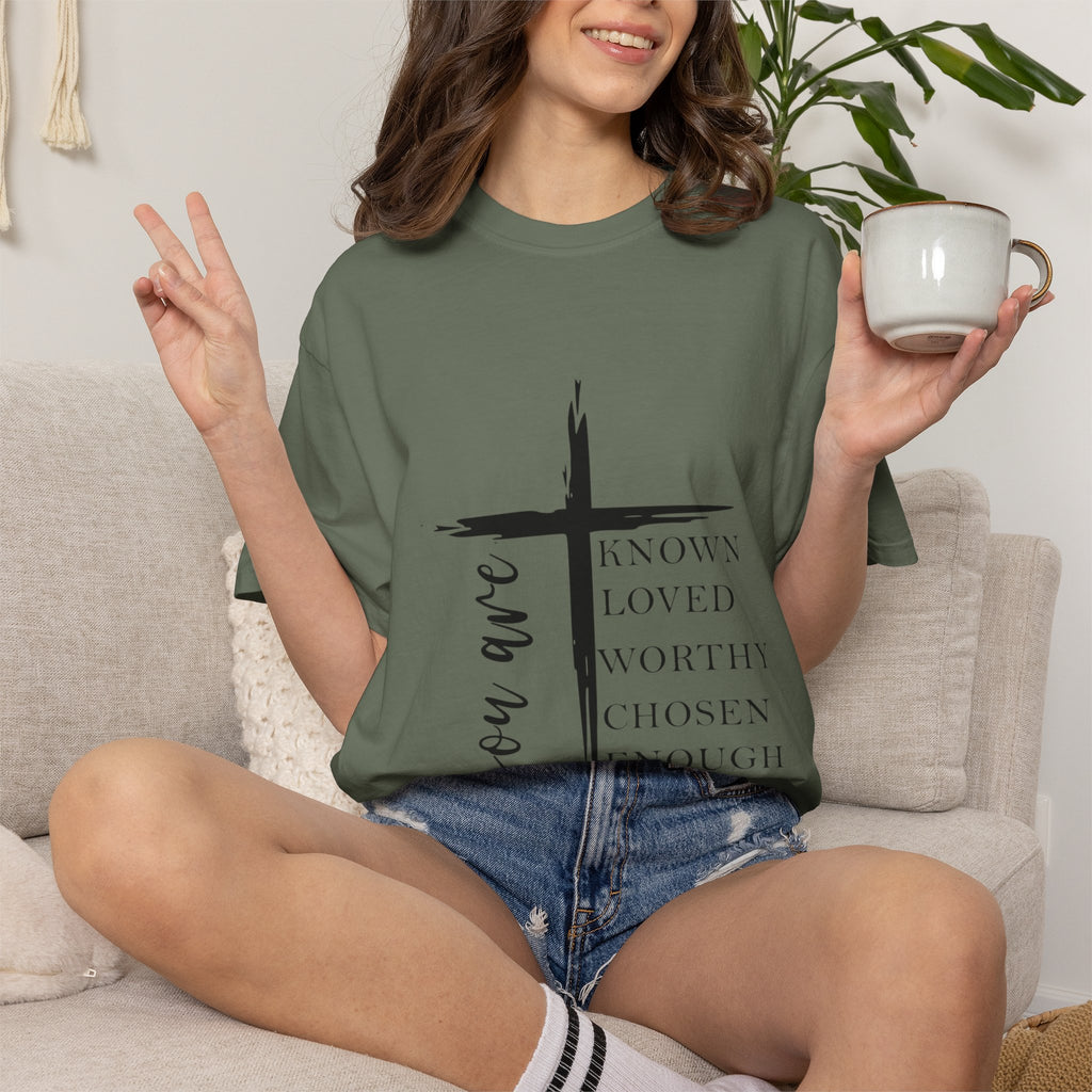 Faith Cross T-Shirt — "You Are" Inspirational Christian Tee (Known, Loved, Worthy, Chosen, Enough)