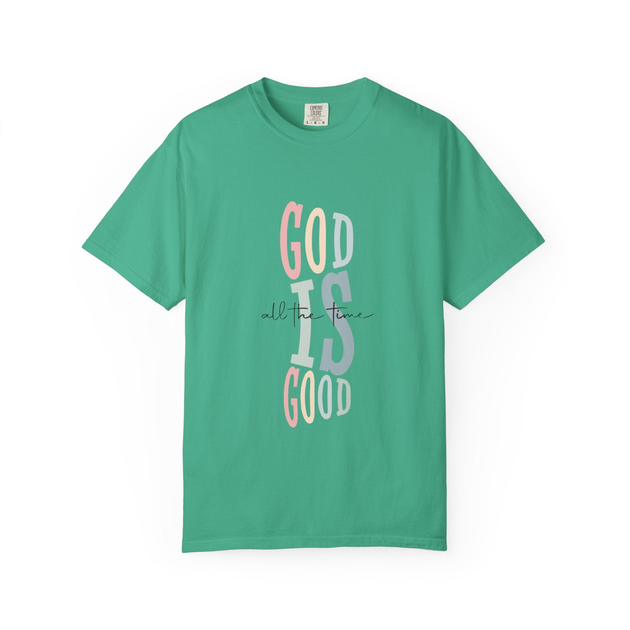 God Is Good T-Shirt — Faith-Inspired Christian Tee (Vertical Pastel Lettering)