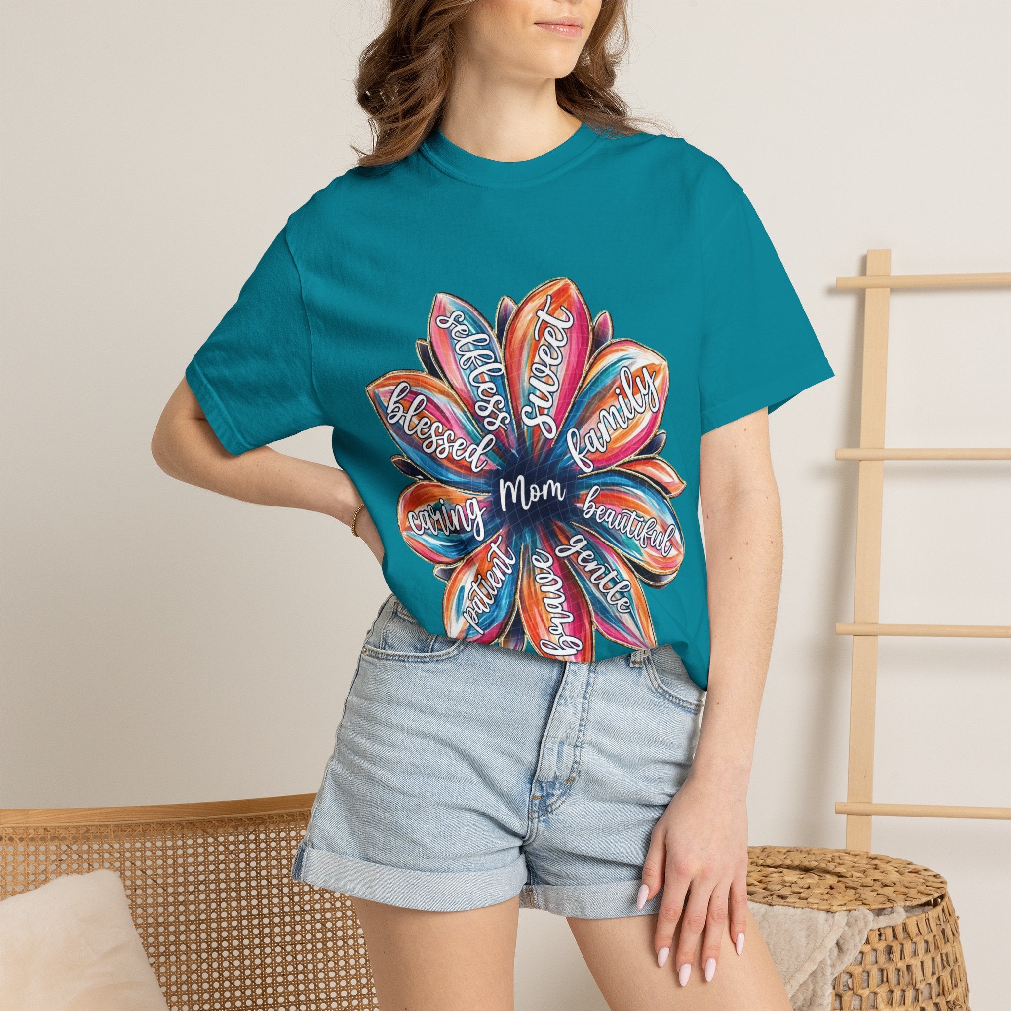 Mom Floral Word Art T-Shirt — "Mom" Surrounded by Caring, Blessed, Strong Petals | Mother’s Day Gift