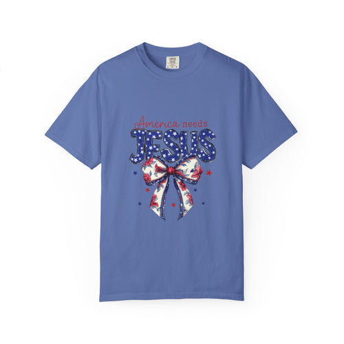 America Needs Jesus Patriotic T-Shirt — Stars & Stripes Bow Christian Tee
