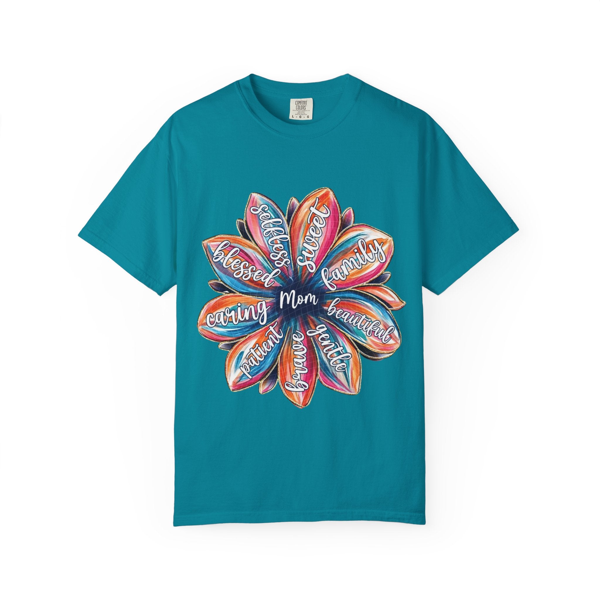 Mom Floral Word Art T-Shirt — "Mom" Surrounded by Caring, Blessed, Strong Petals | Mother’s Day Gift