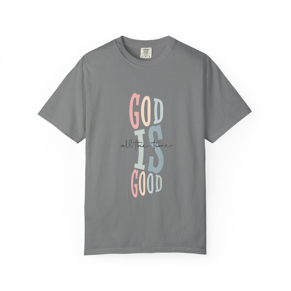 God Is Good T-Shirt — Faith-Inspired Christian Tee (Vertical Pastel Lettering)