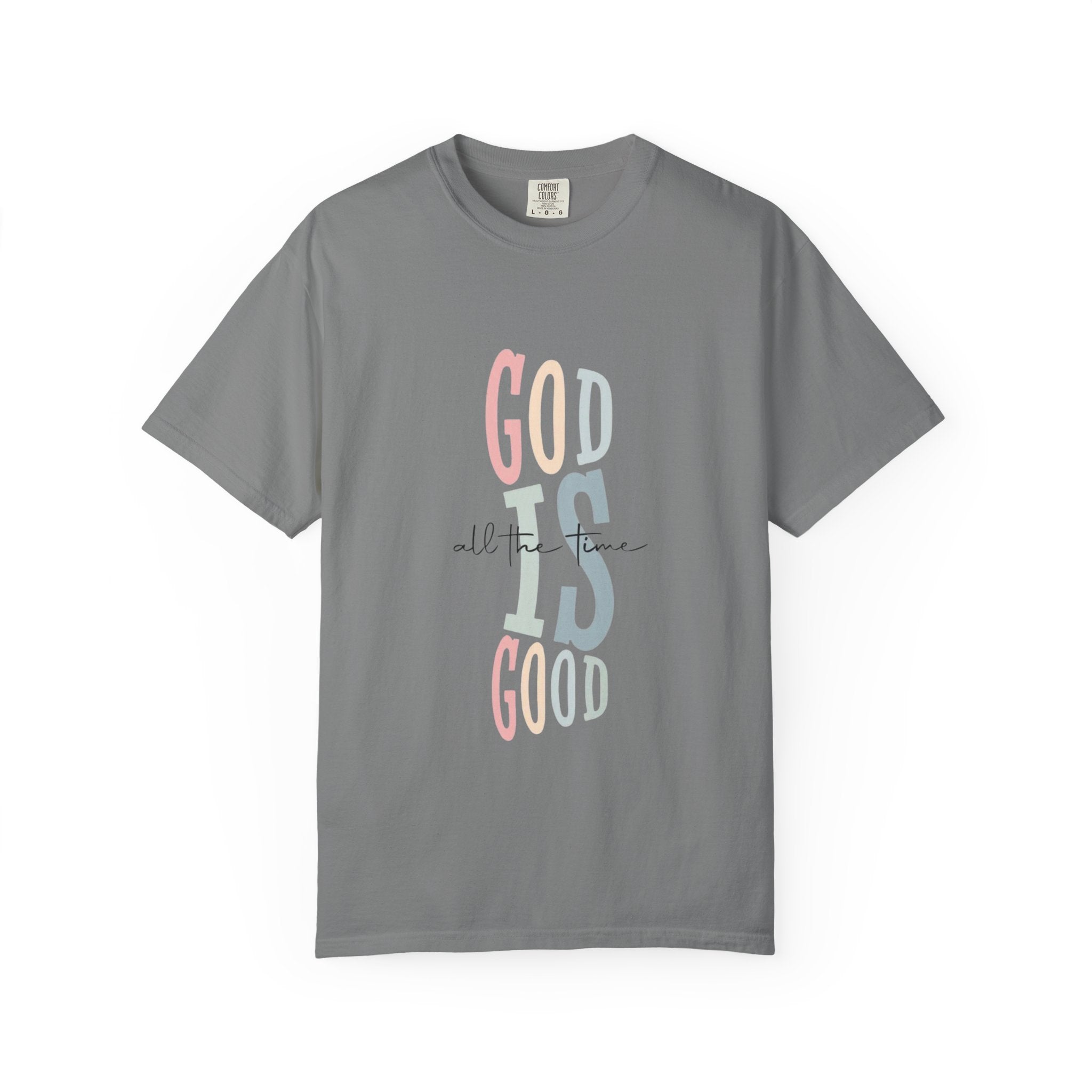 God Is Good T-Shirt — Faith-Inspired Christian Tee (Vertical Pastel Lettering)
