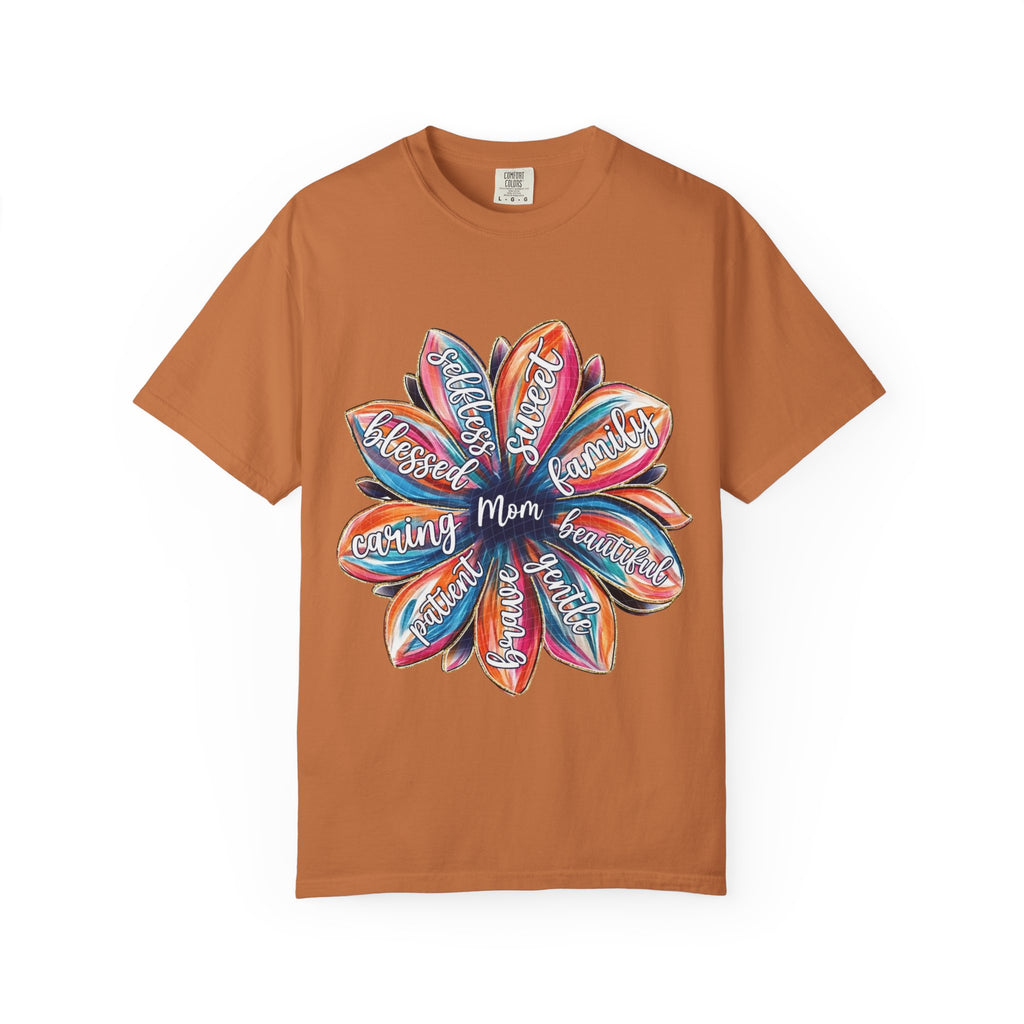 Mom Floral Word Art T-Shirt — "Mom" Surrounded by Caring, Blessed, Strong Petals | Mother’s Day Gift