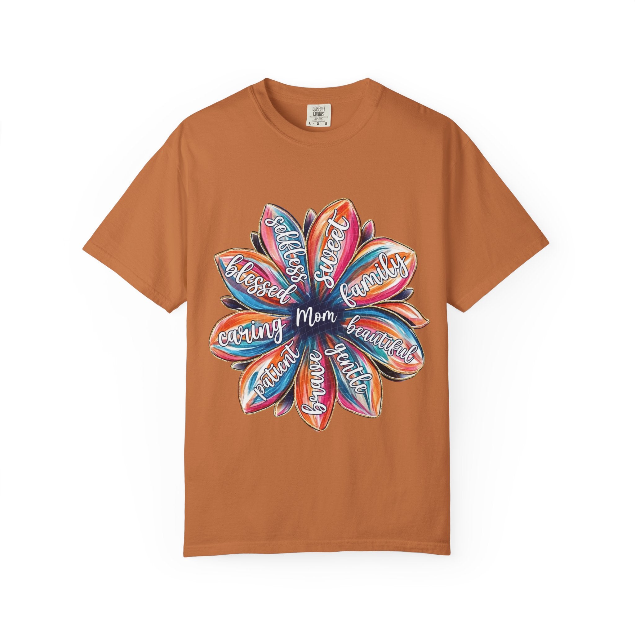 Mom Floral Word Art T-Shirt — "Mom" Surrounded by Caring, Blessed, Strong Petals | Mother’s Day Gift