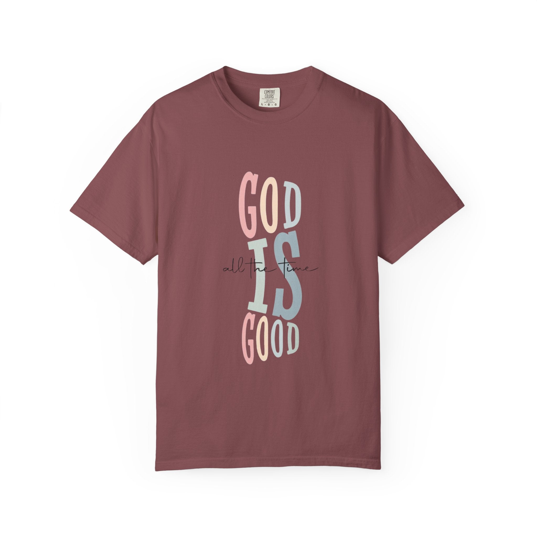 God Is Good T-Shirt — Faith-Inspired Christian Tee (Vertical Pastel Lettering)